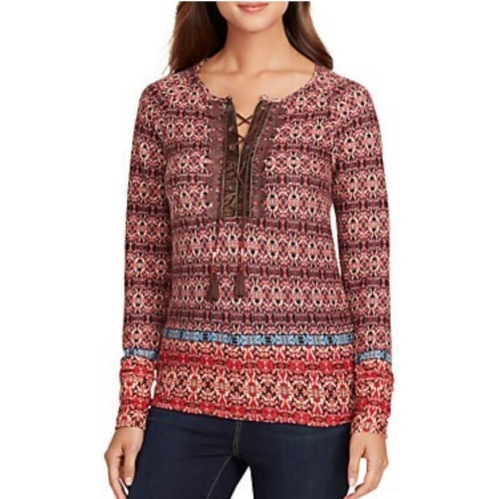 VINTAGE AMERICA Lara Lace Up Print Knit Top